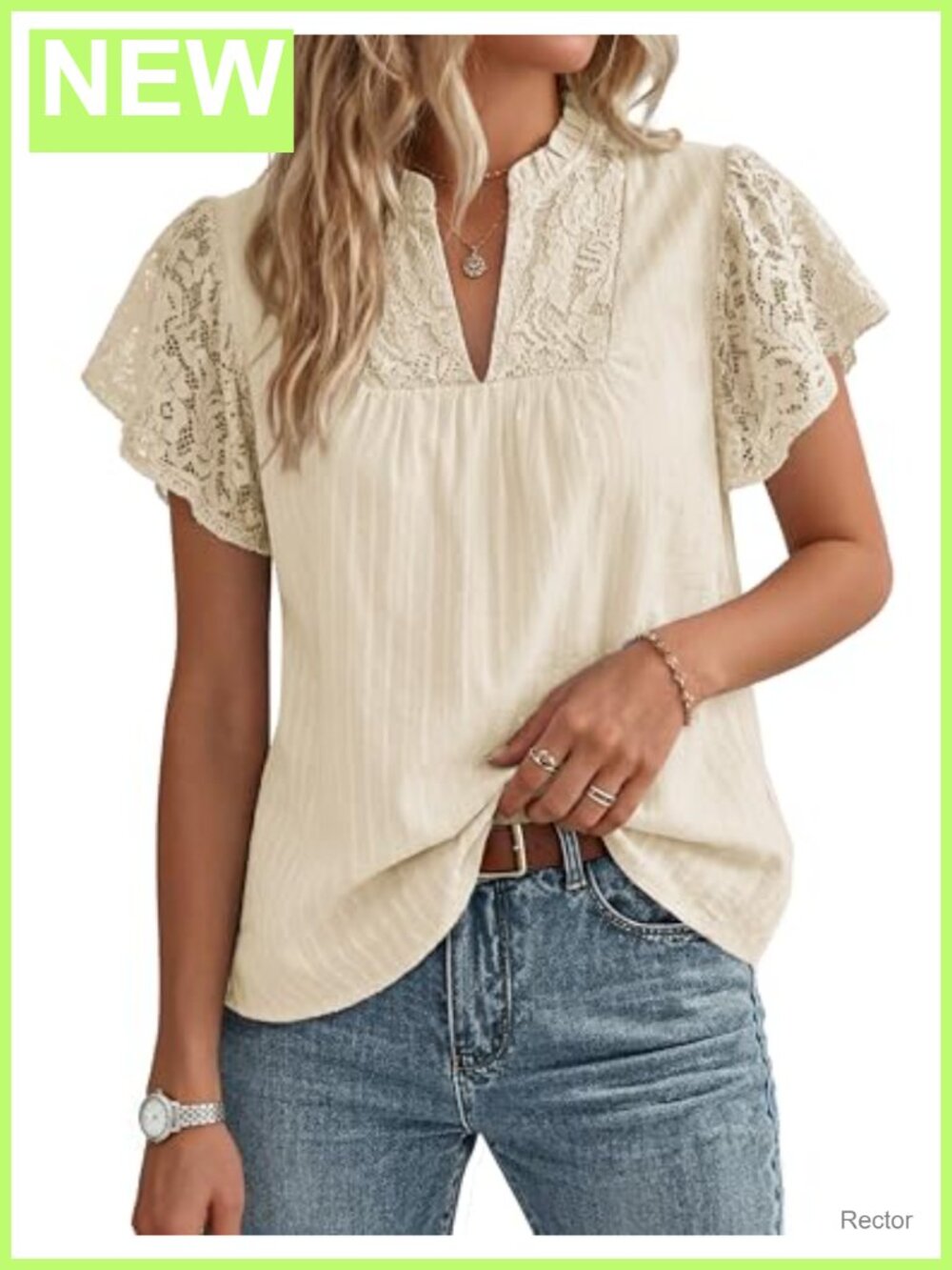 Womens Lace Ruffle Short Sleeve V Neck Cotton Blouse Dressy Casual Top